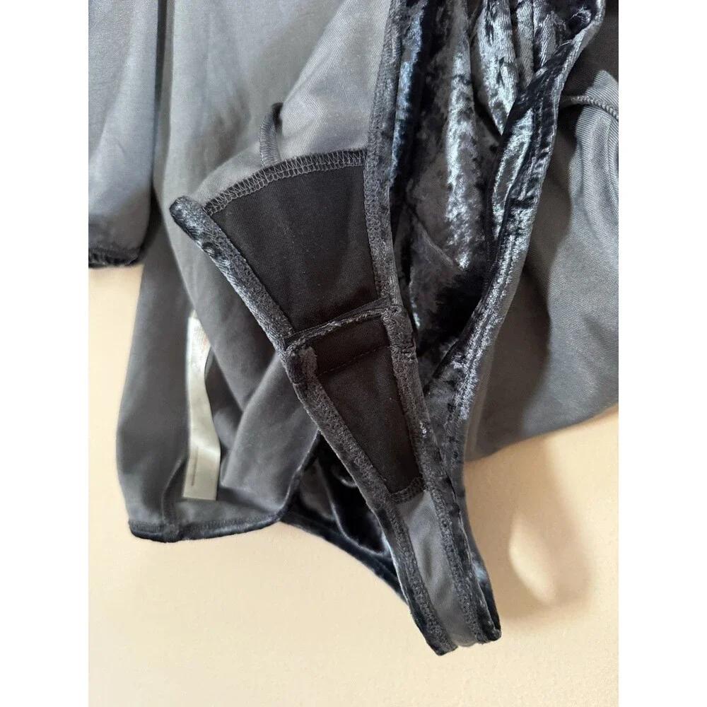 Intimately Free People Large Don't You Wish Gray Velvet Puff Sleeve Bodysuit EUC